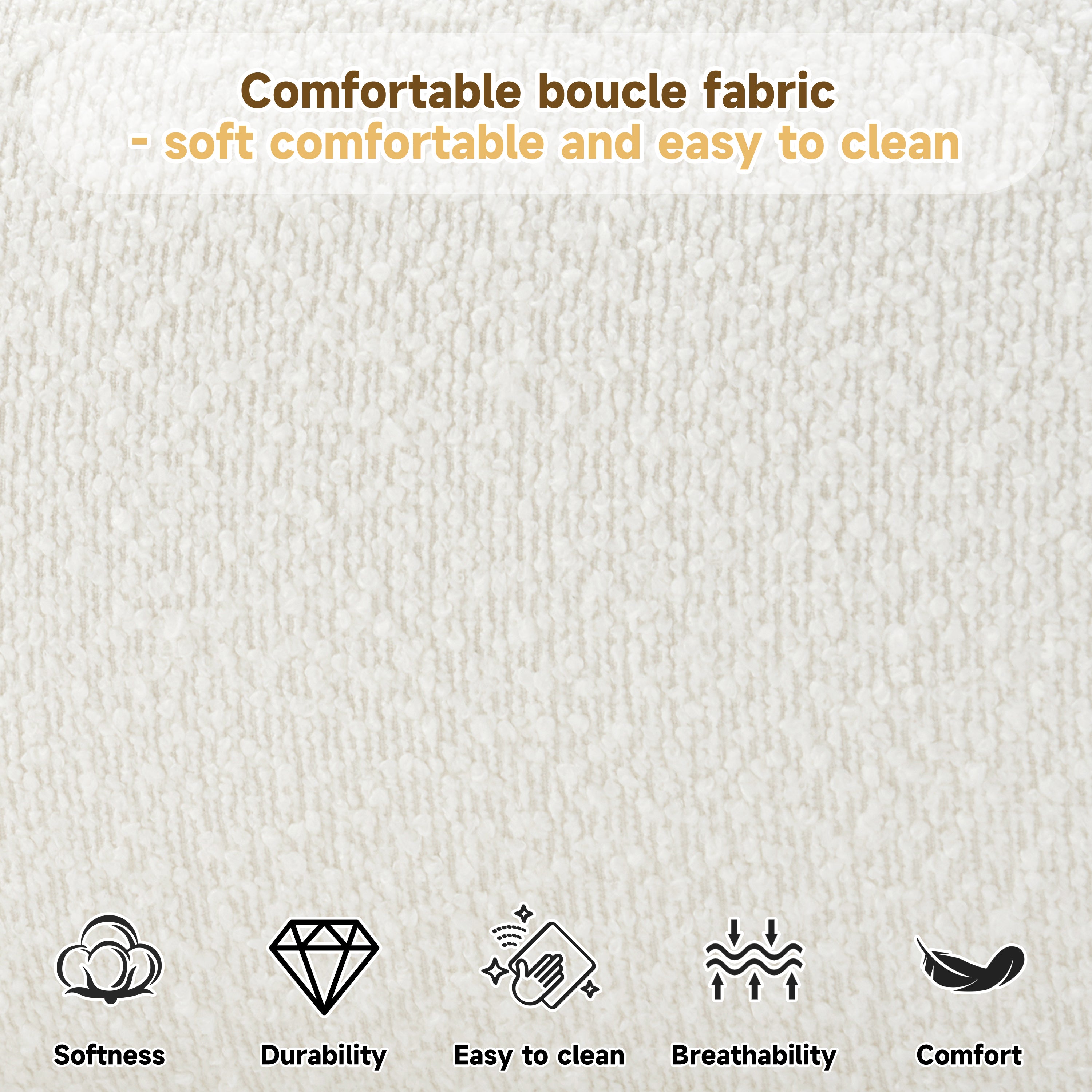 Textured fabric background with text about comfortable boucle fabric