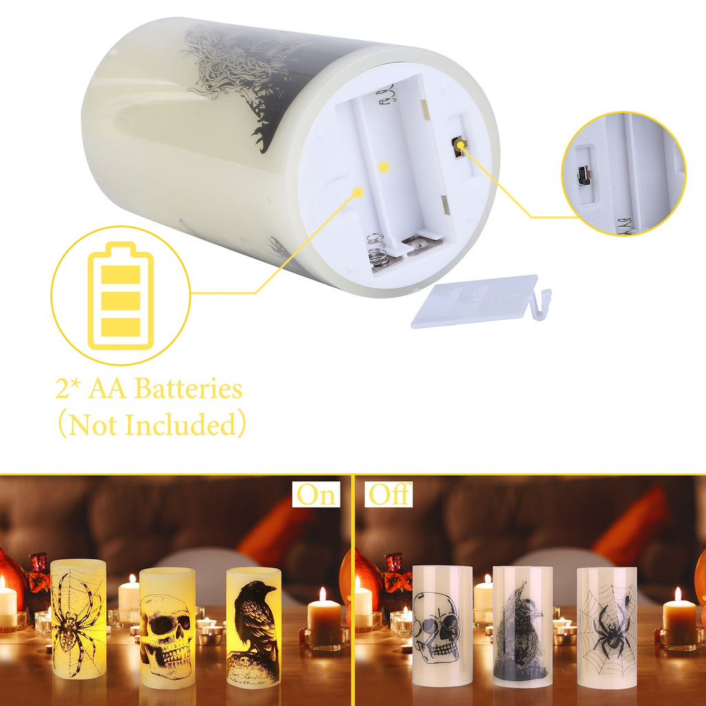 Light-up candle with battery compartment and decorative design, shown on a white background.