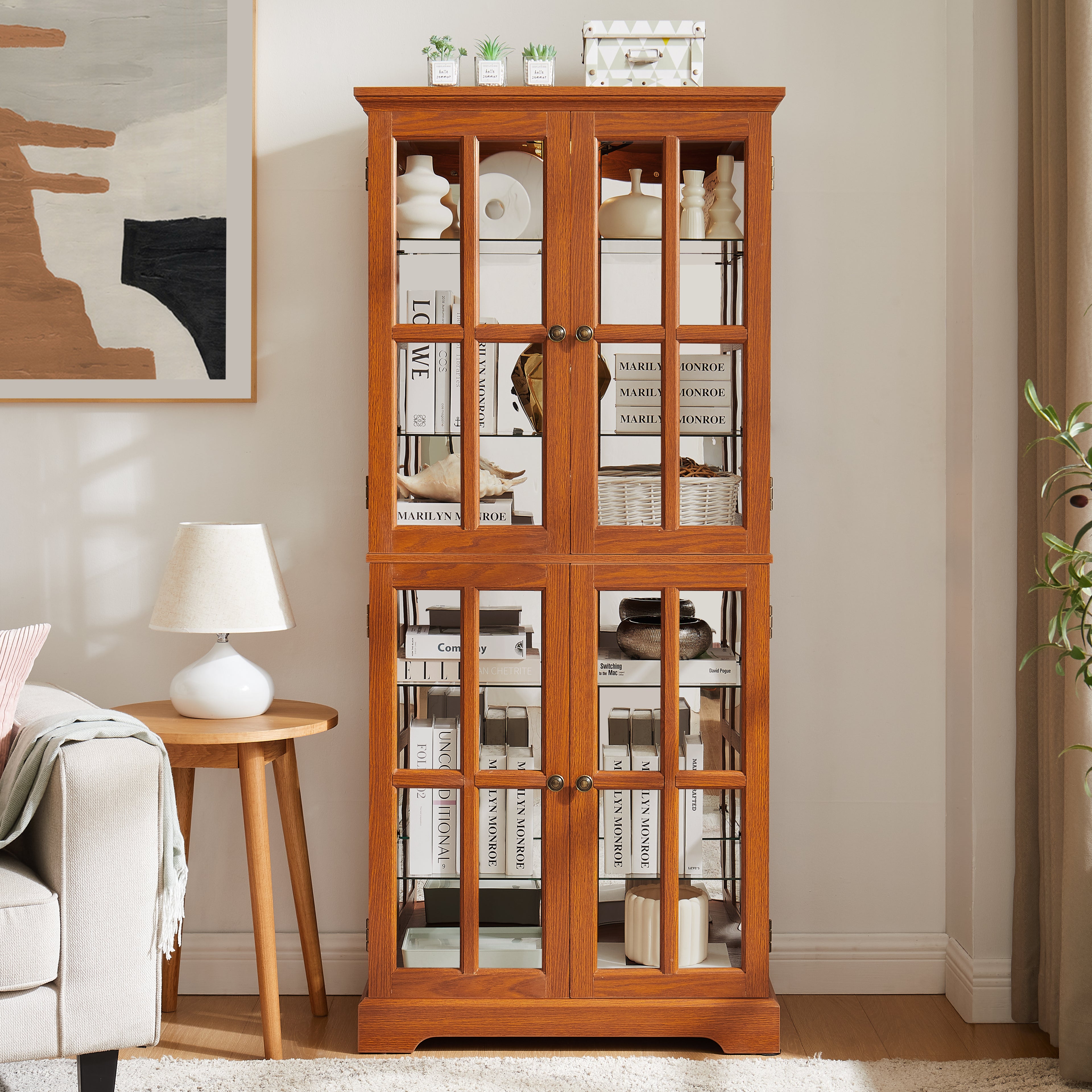 Vintage Curio Display Cabinet — Glass Doors, 4 Adjustable Shelves, Built-In Light | Dark Oak