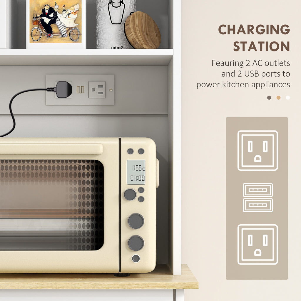 Charging station with 2 AC outlets and 2 USB ports next to a microwave oven.