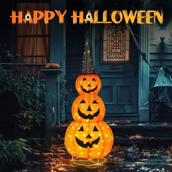Halloween-themed decoration with stacked pumpkins and 'Happy Halloween' text in a dark setting.