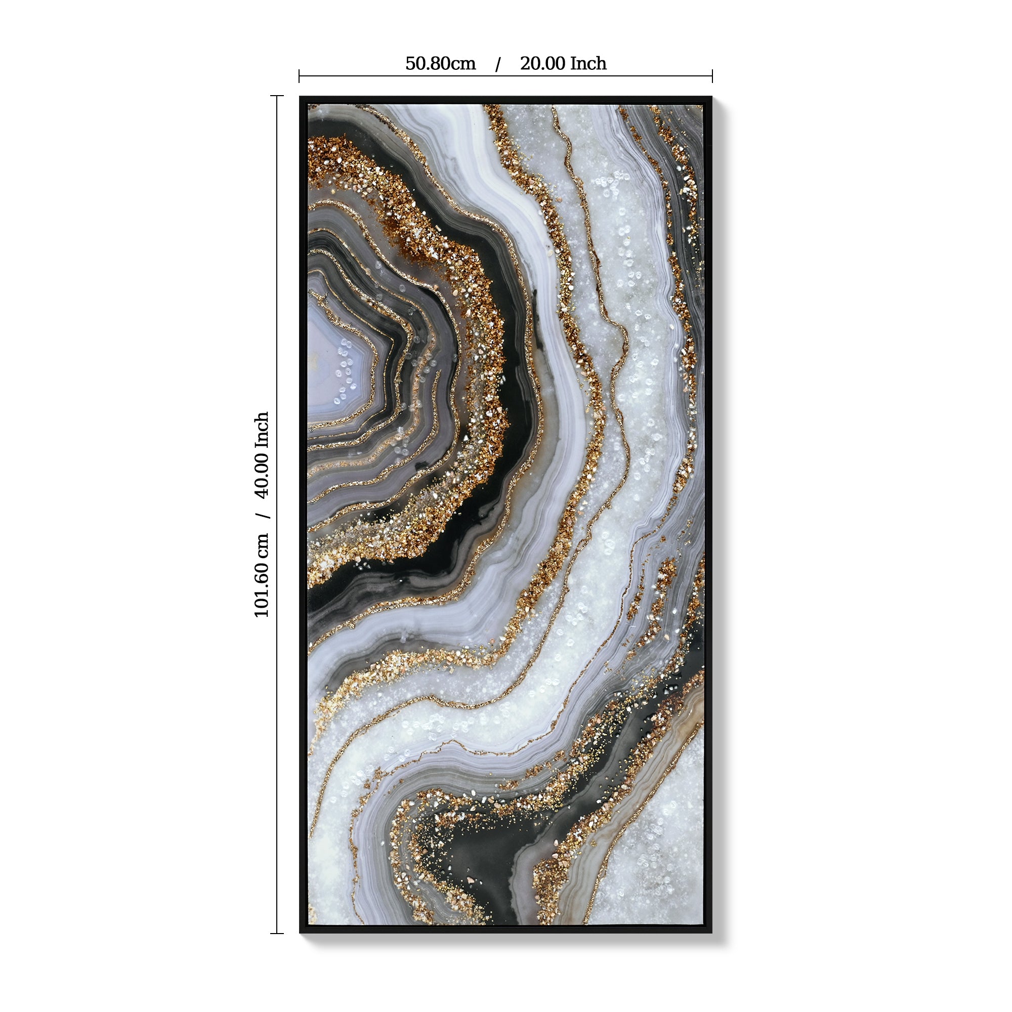 Black & Gold Abstract Wall Art — Hand-Painted Canvas with Marble Texture | 20”×40”
