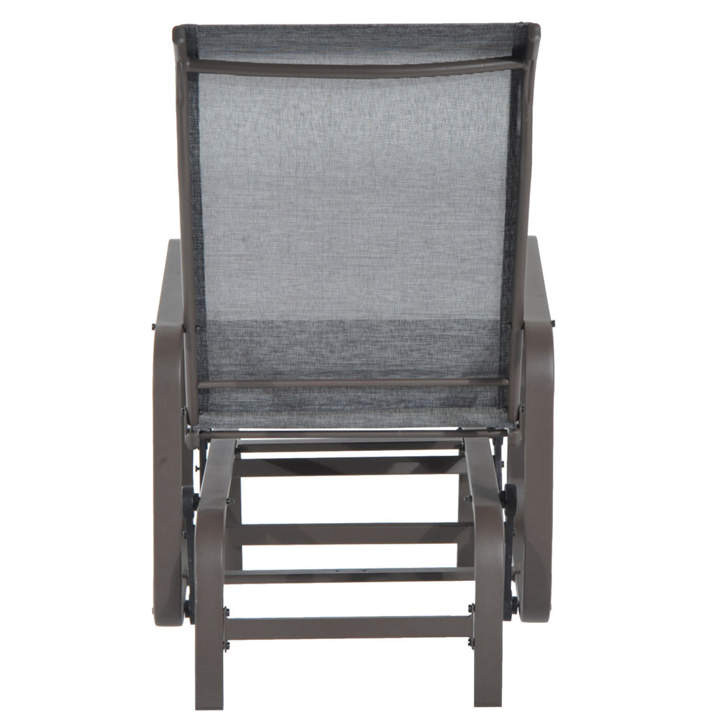 Gray outdoor chair with mesh back on a white background