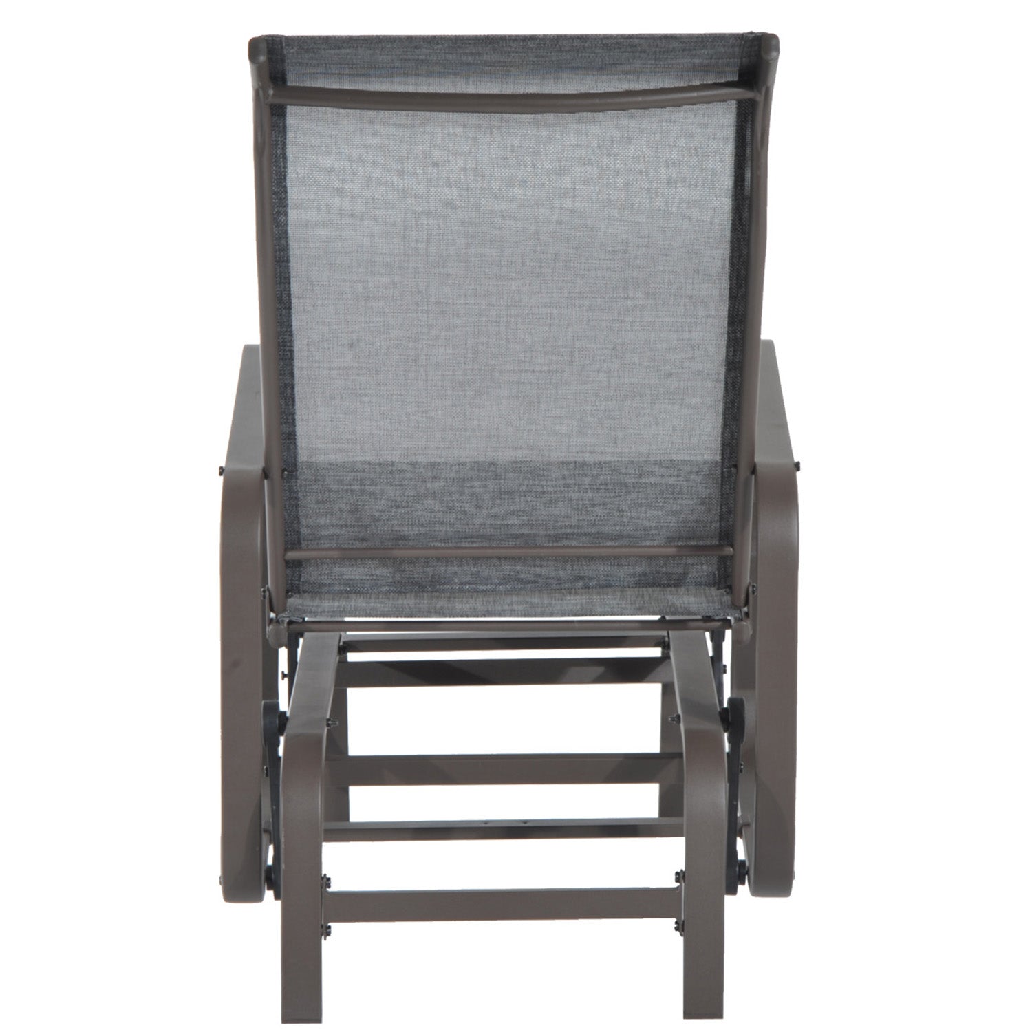 Gray outdoor chair with mesh back on a white background