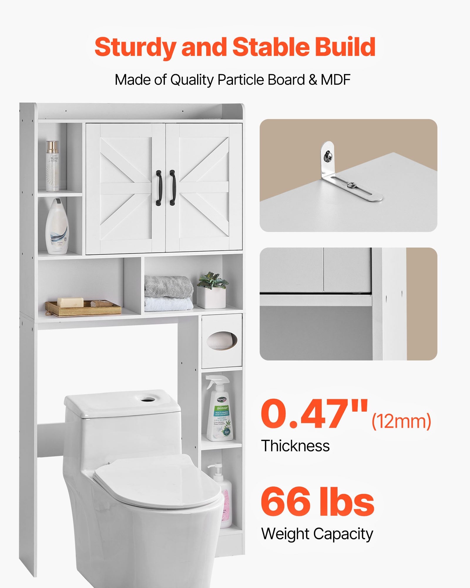 White bathroom storage cabinet with shelves above a toilet, featuring text on build quality and specifications.