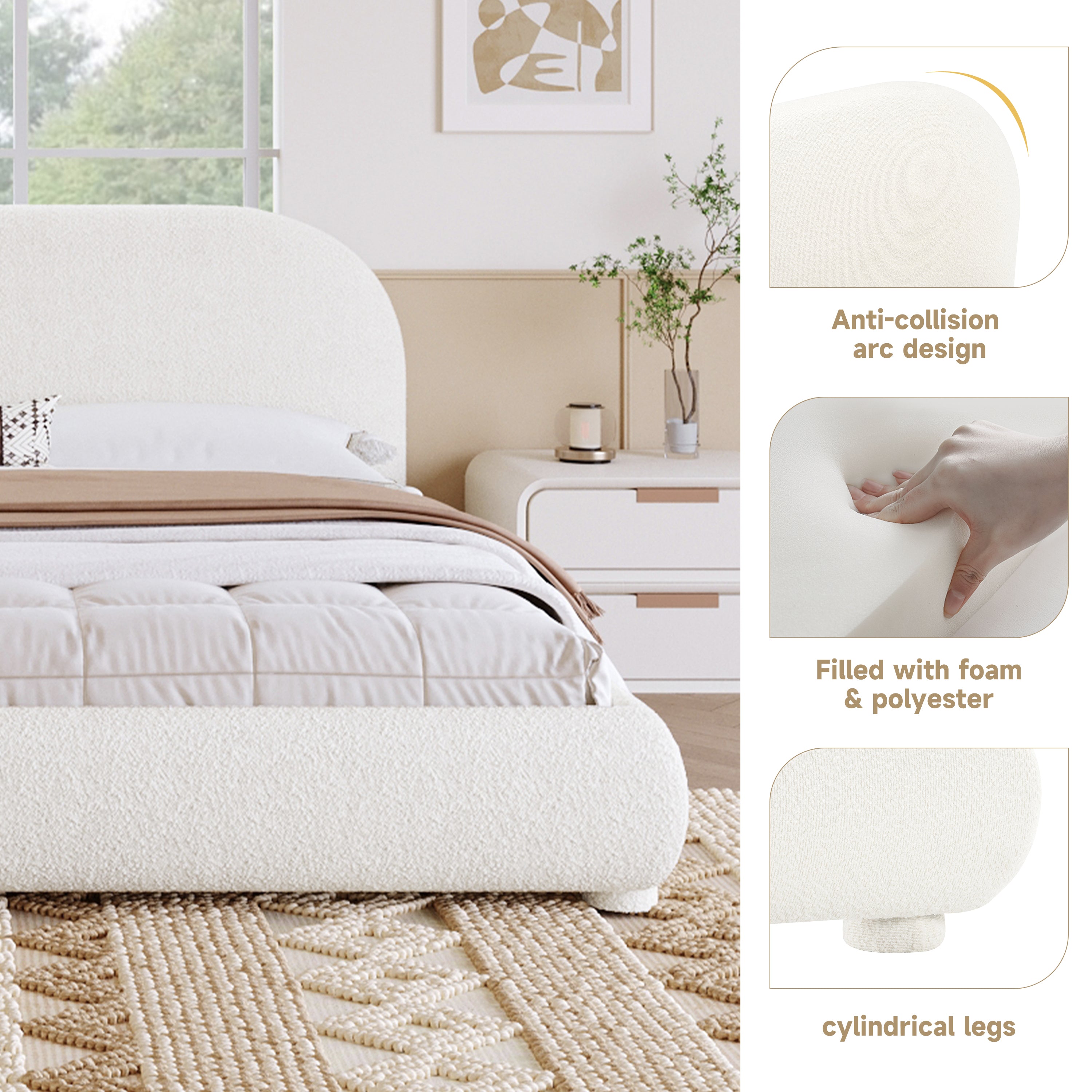 White bed with cylindrical legs in a bedroom setting, featuring product details on the right.