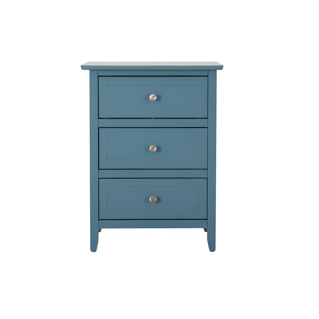 Blue three-drawer dresser with silver knobs on a white background