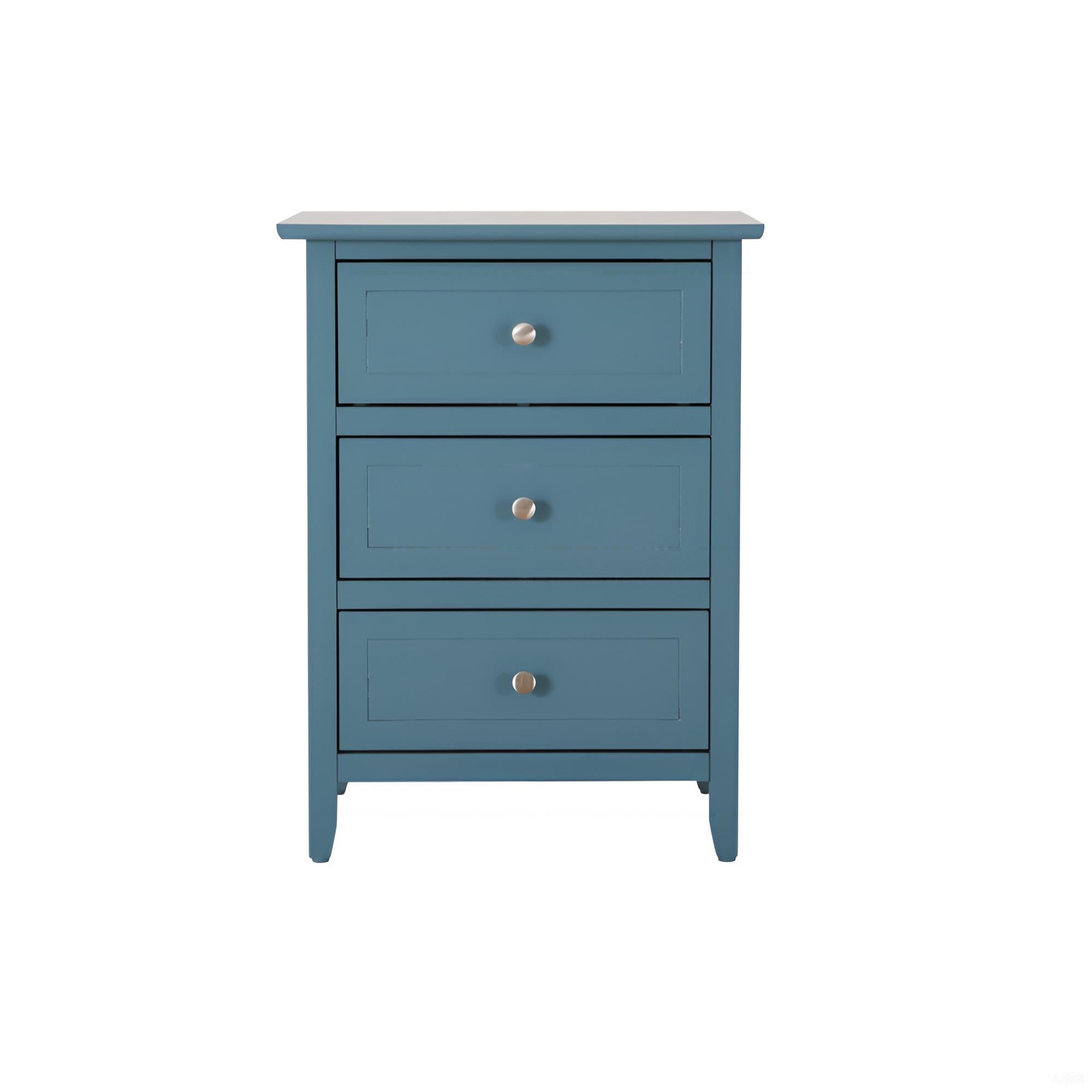 Blue three-drawer dresser with silver knobs on a white background