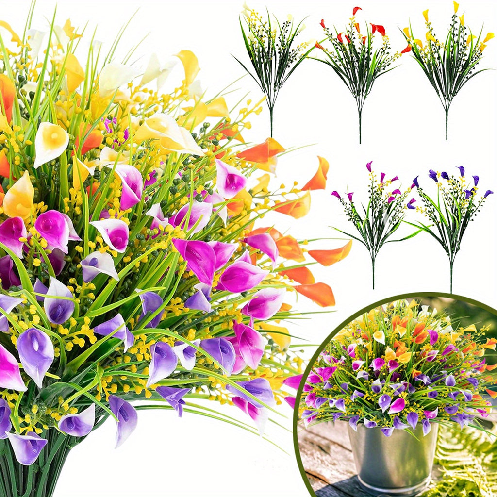 Collage of artificial flowers in various arrangements on a white background