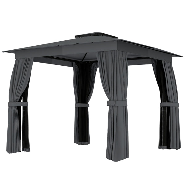Black outdoor canopy with curtains on a white background