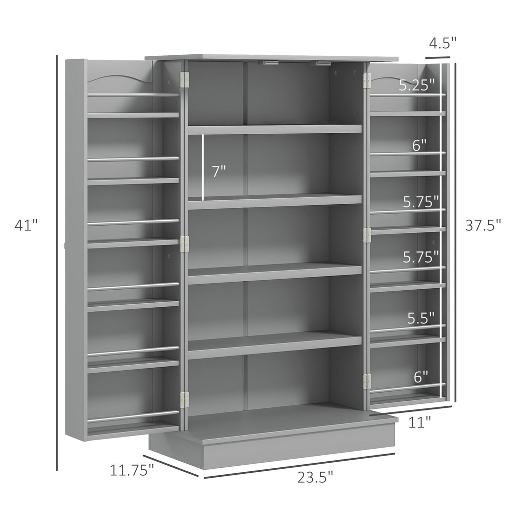 Gray storage cabinet with dimensions labeled on a white background