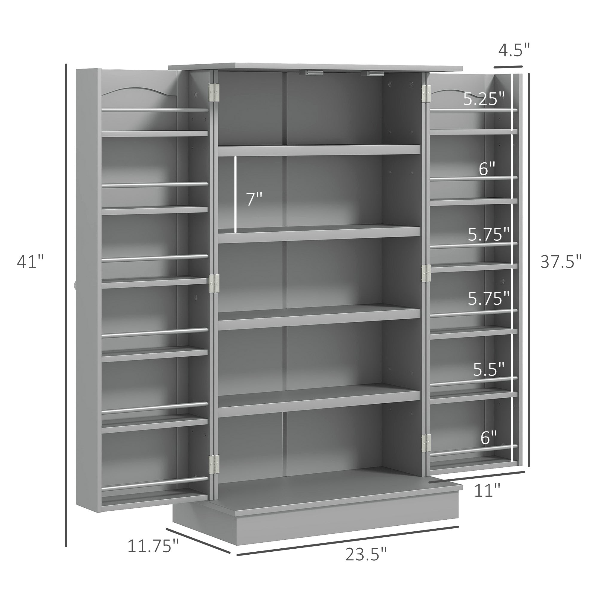 Gray storage cabinet with dimensions labeled on a white background