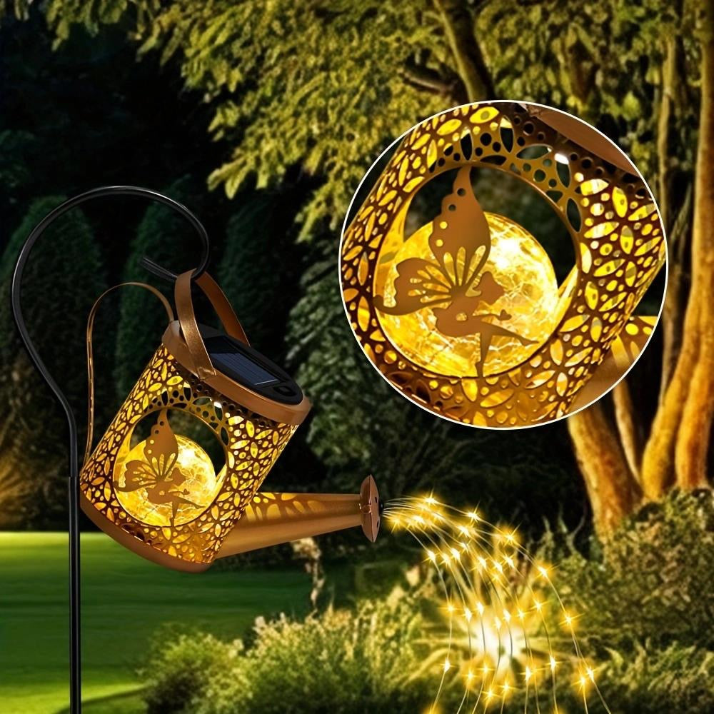 Solar-powered garden lights with decorative designs in a garden setting