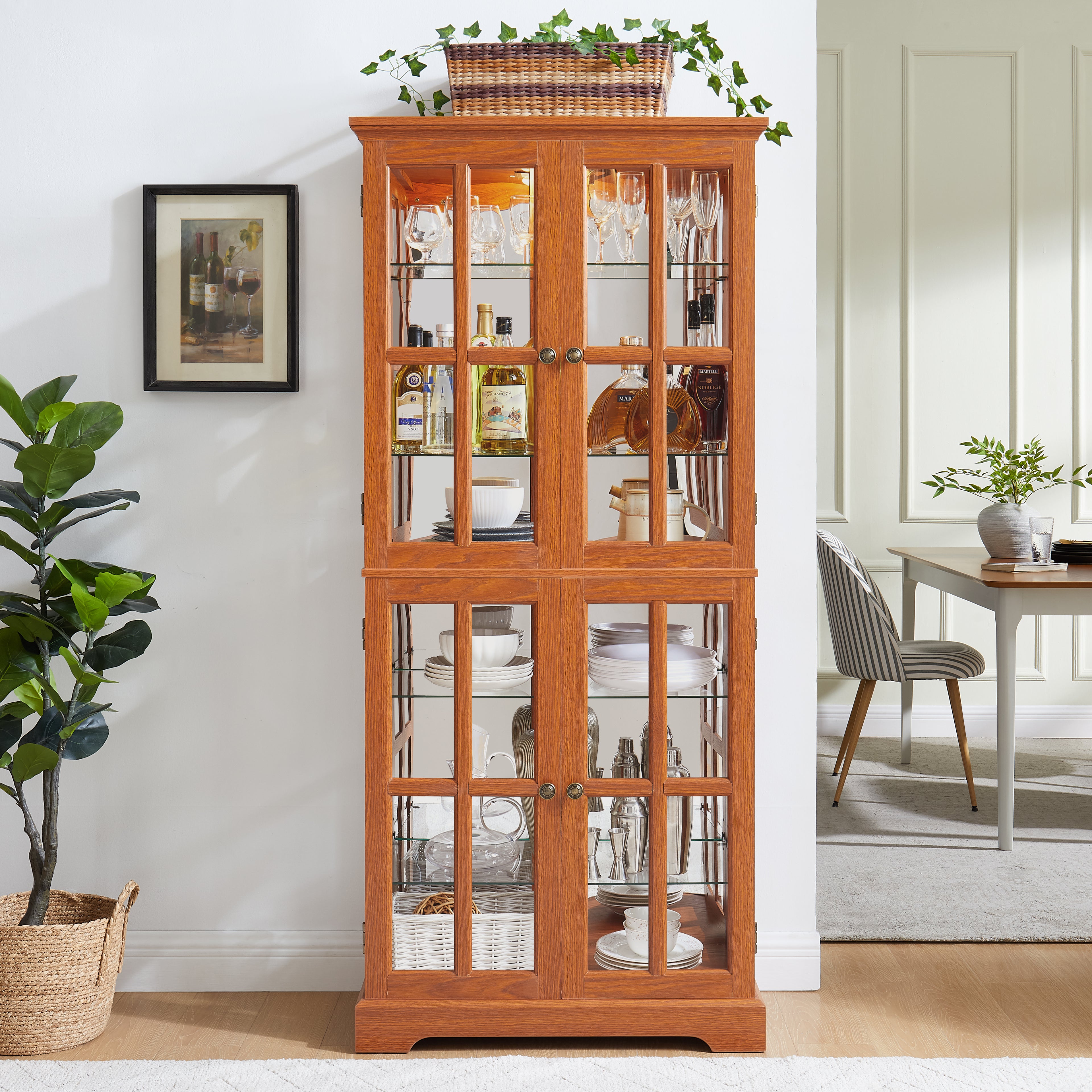 Vintage Curio Display Cabinet — Glass Doors, 4 Adjustable Shelves, Built-In Light | Dark Oak