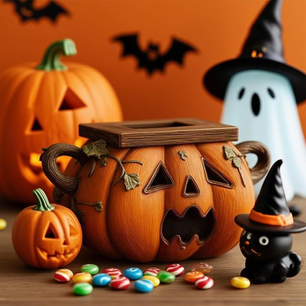 Halloween-themed pumpkin-shaped container with candy and decorative items on a wooden surface.