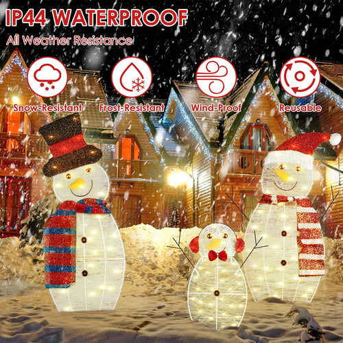 2D Christmas Snowman Family Yard Decoration – Set of 3 | 90 LED Warm Lights | 8 Modes | IP44