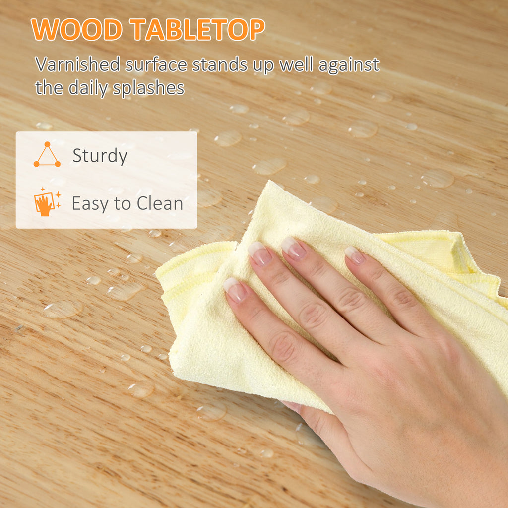 Hand cleaning a wood tabletop with a cloth, highlighting durability and ease of cleaning.