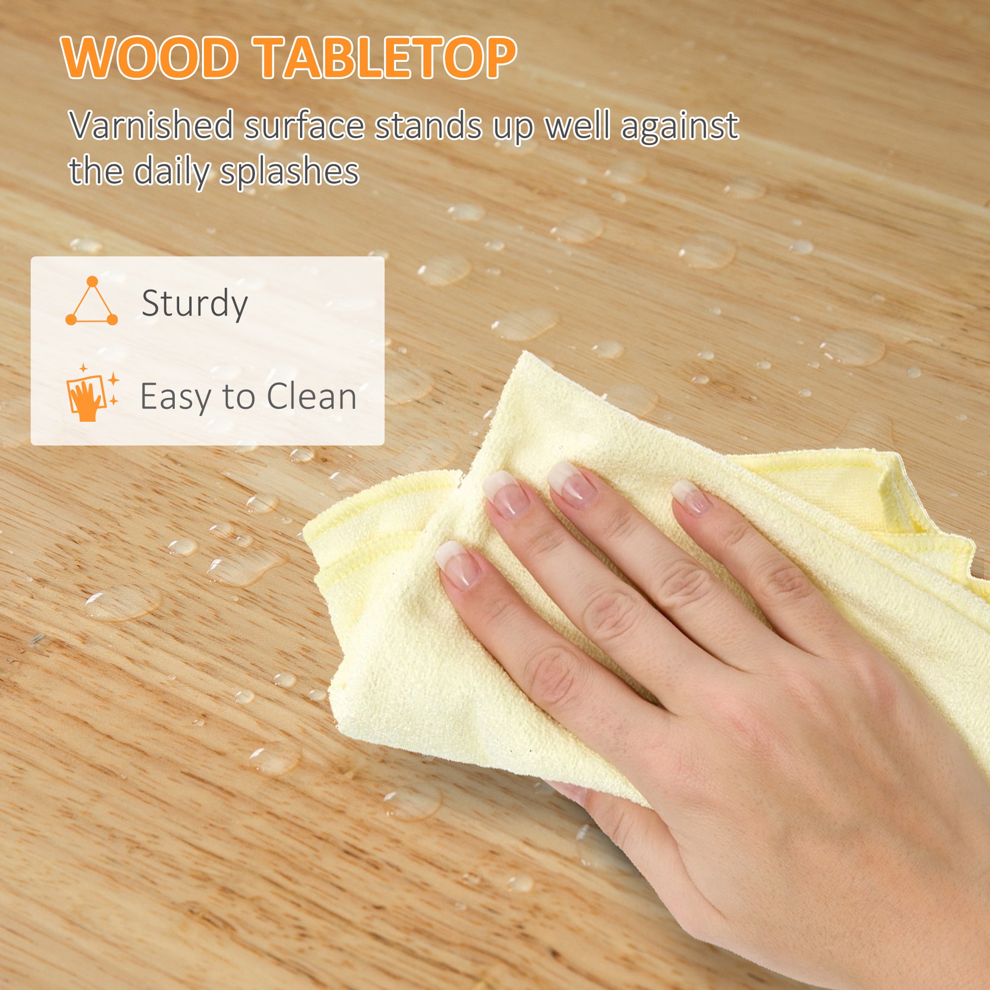 Hand cleaning a wood tabletop with a cloth, highlighting durability and ease of cleaning.