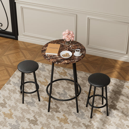 3-Piece Pub Table Set — Round Bar Table & 2 Stools | Marble-Look Top, Brown & Black
