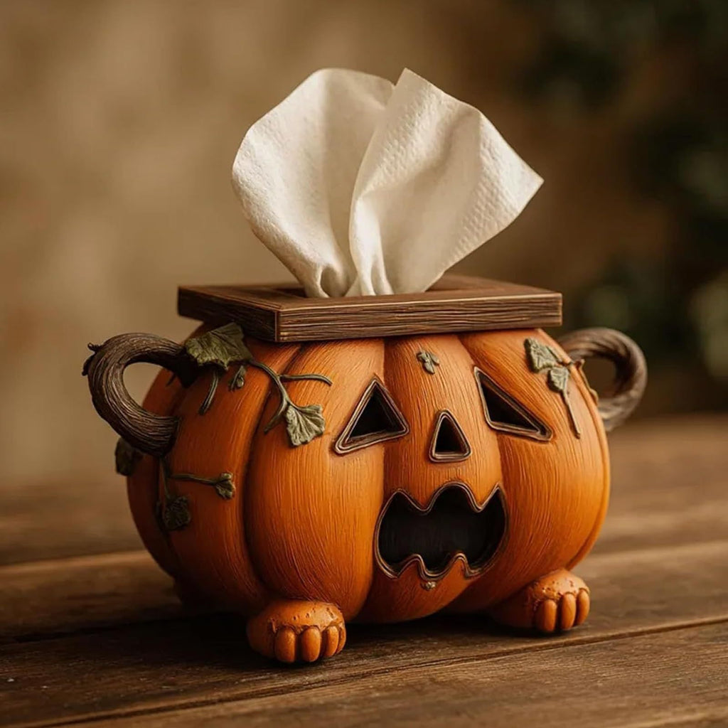 Pumpkin-shaped tissue box with a wooden lid on a wooden surface