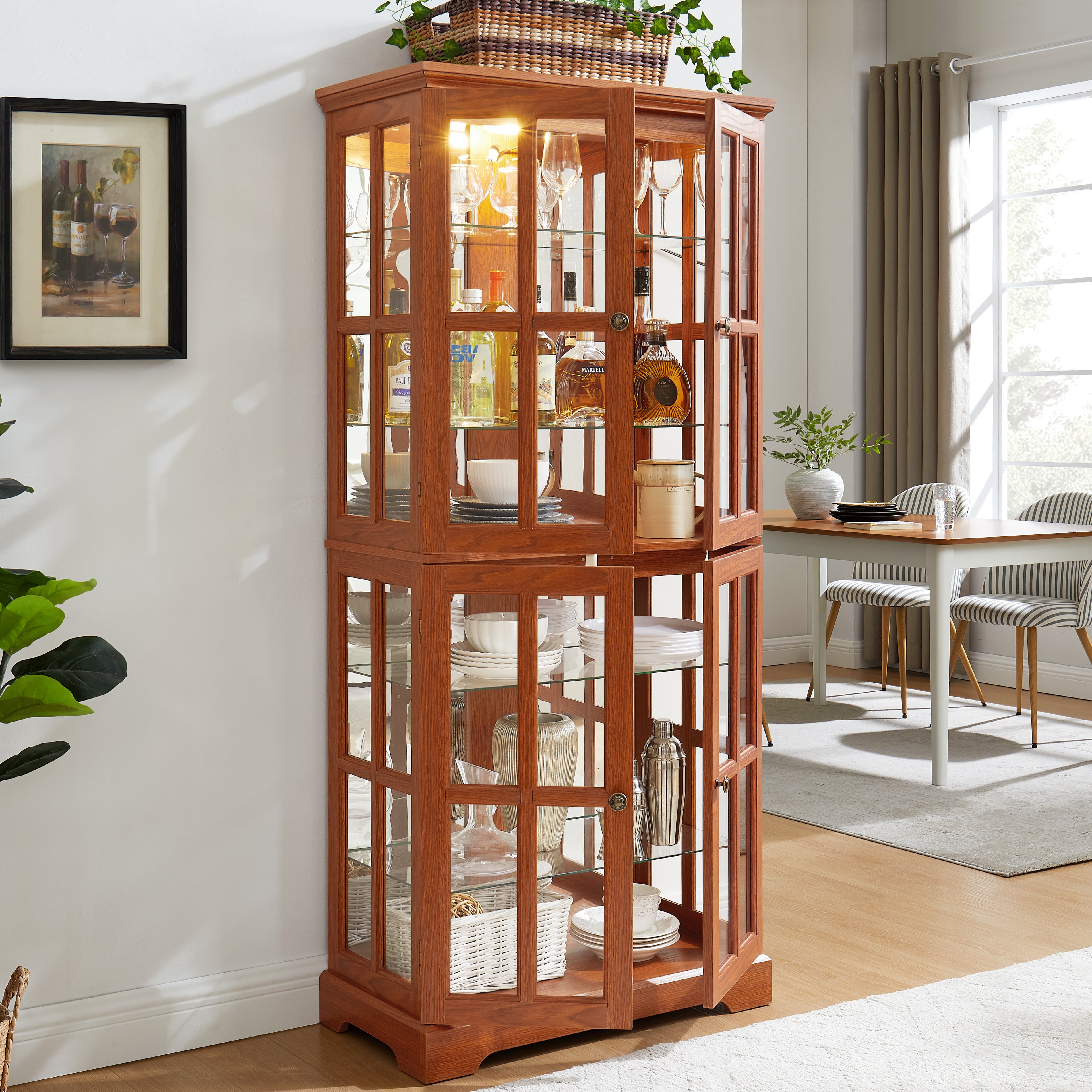 Vintage Curio Display Cabinet — Glass Doors, 4 Adjustable Shelves, Built-In Light | Dark Oak