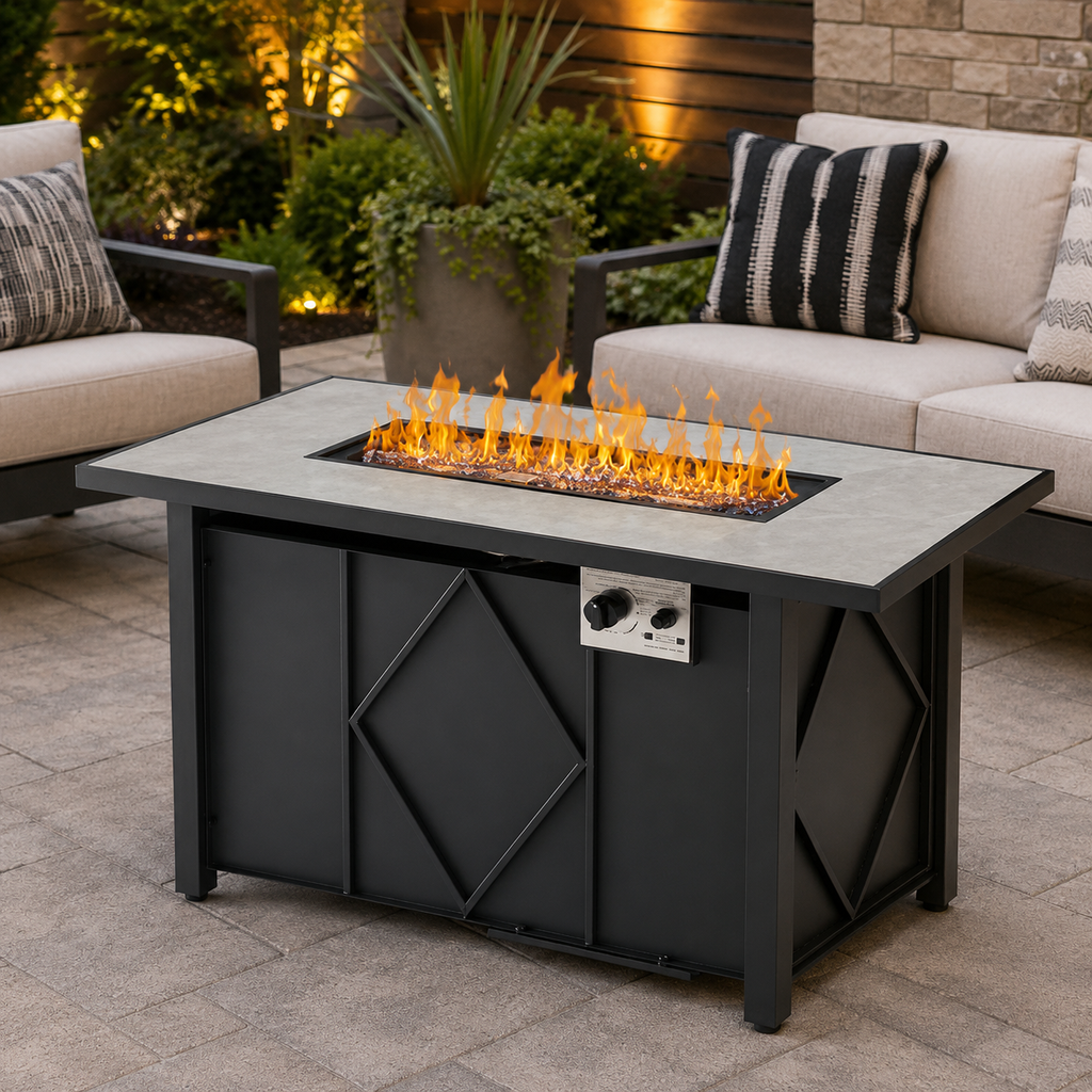 Outdoor patio with fire pit table, seating area, and decorative elements.