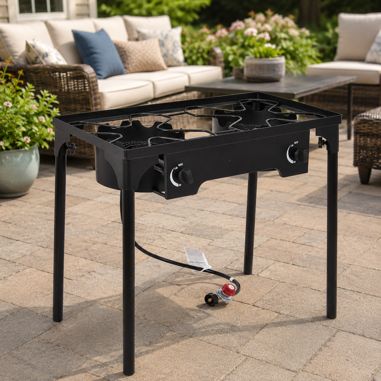 150,000 BTU Double Burner Outdoor Propane Stove with Cast Iron Grates & Adjustable Legs