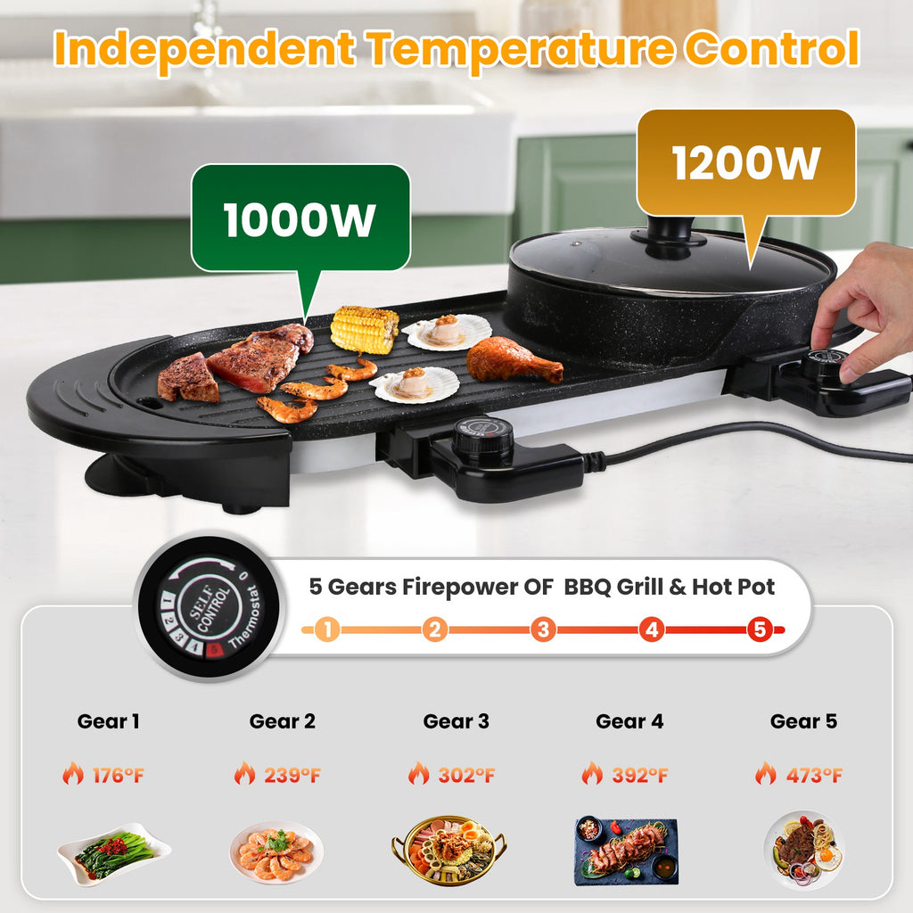Electric BBQ grill with temperature control settings and cooking options on a kitchen counter.