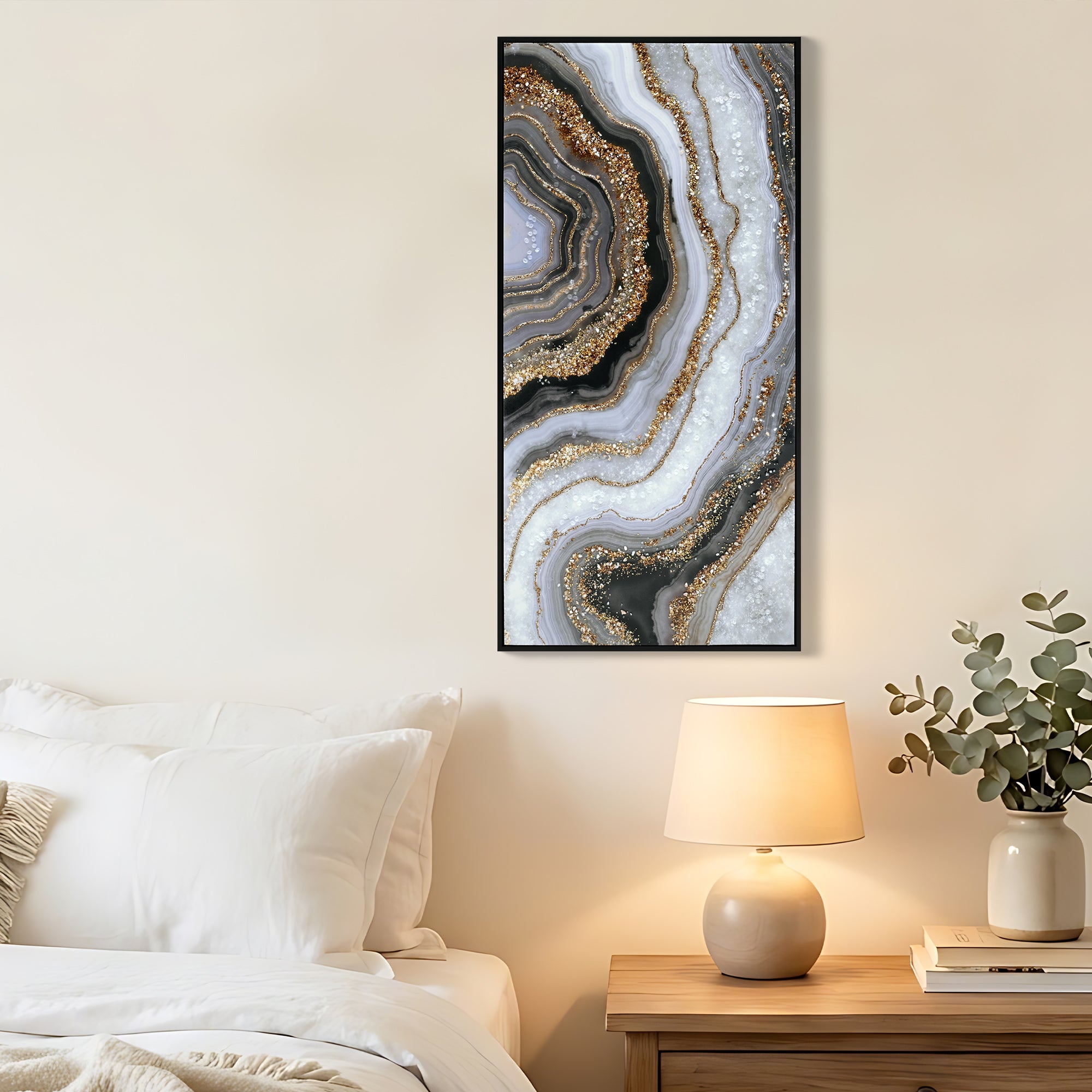 Black & Gold Abstract Wall Art — Hand-Painted Canvas with Marble Texture | 20”×40”