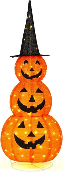 Stacked pumpkin lights with a witch hat on a white background