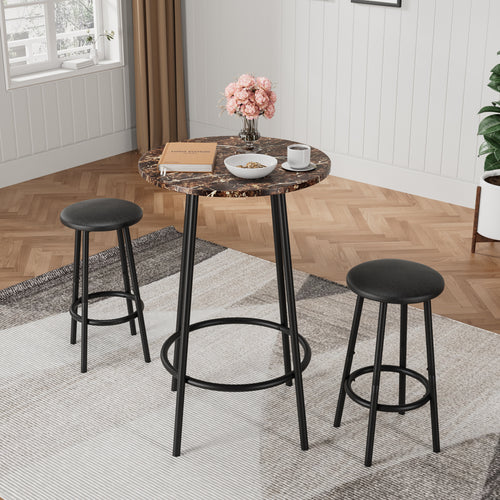 3-Piece Pub Table Set — Round Bar Table & 2 Stools | Marble-Look Top, Brown & Black