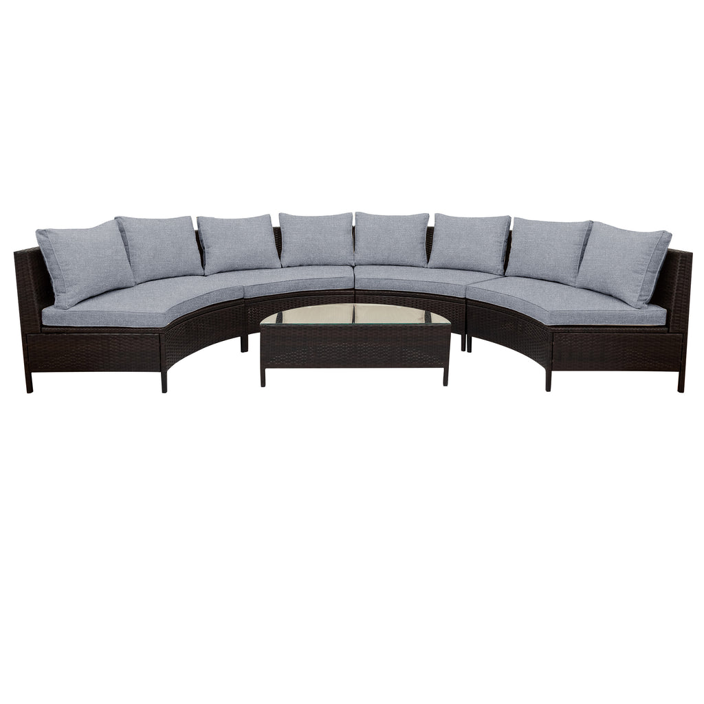 Sectional outdoor sofa with dark brown frame and light gray cushions on a white background