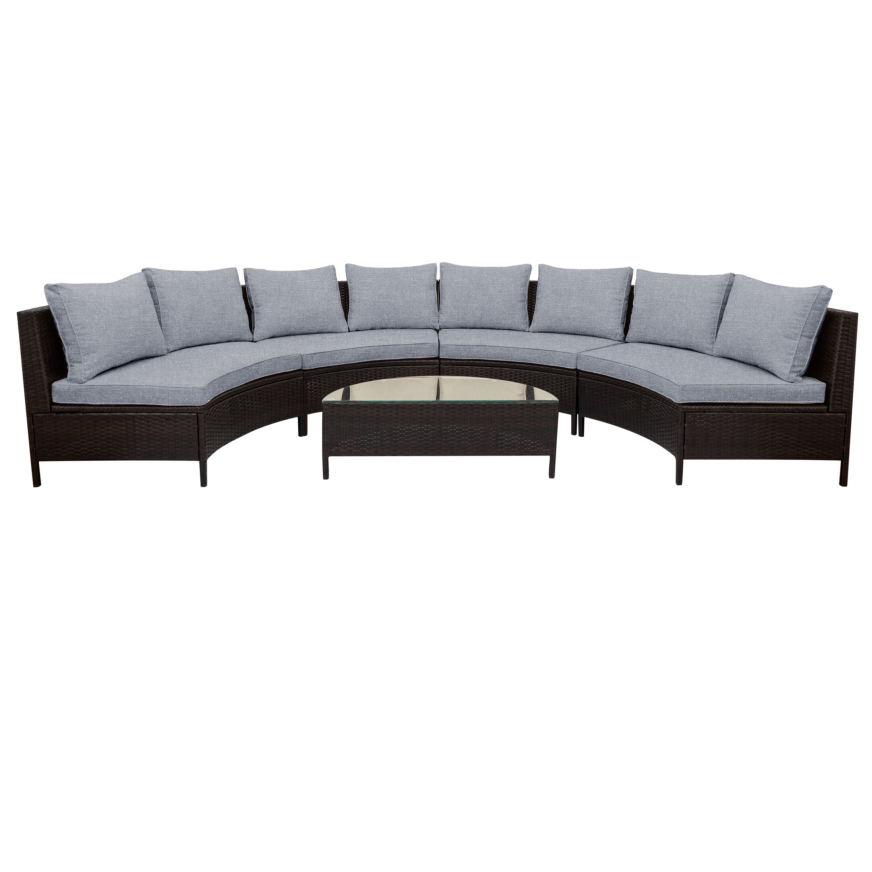 Sectional outdoor sofa with dark brown frame and light gray cushions on a white background