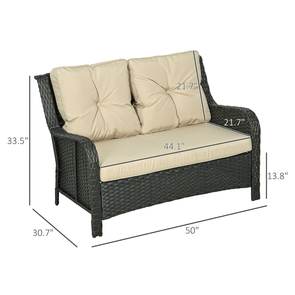 Wicker outdoor loveseat with beige cushions and dimensions labeled on a white background