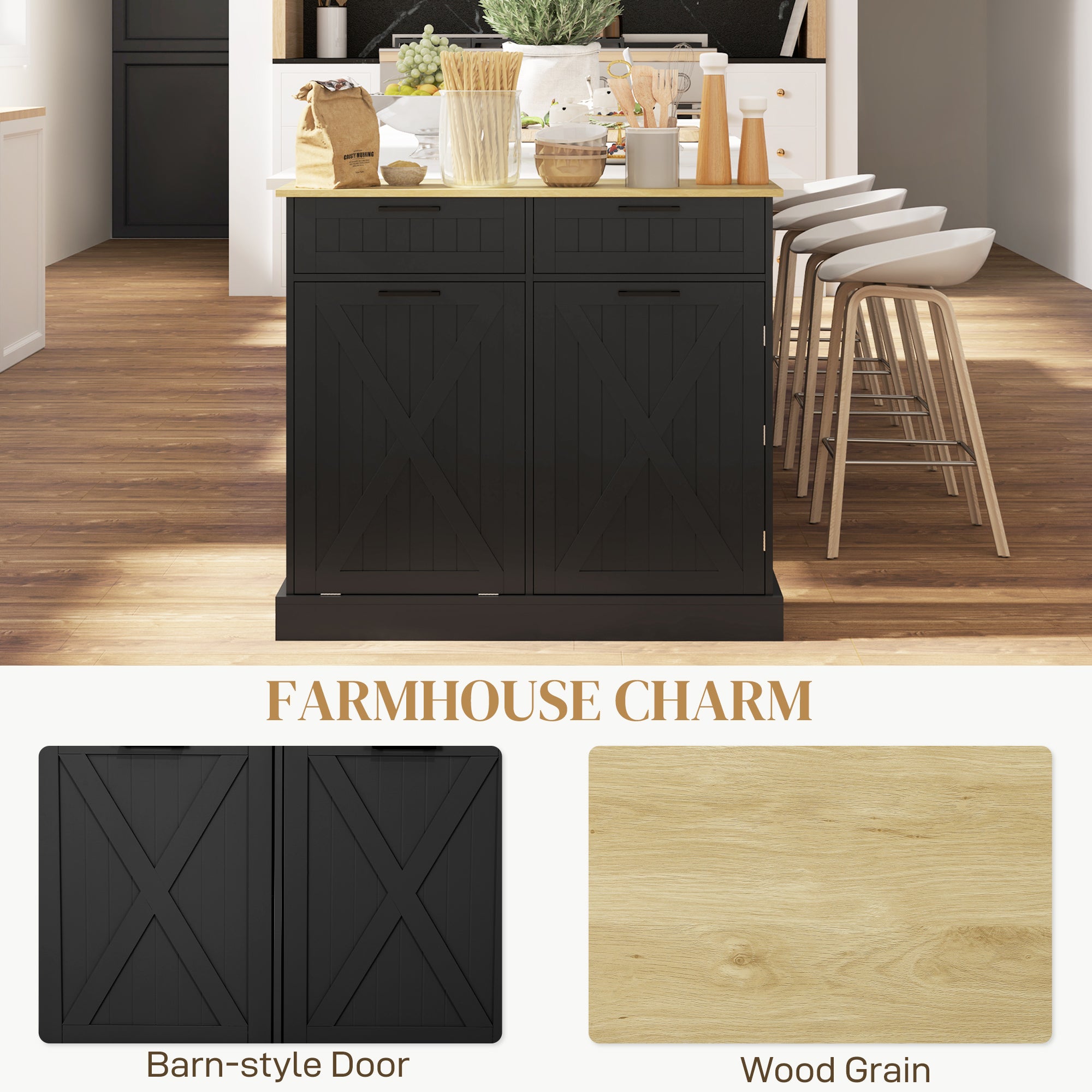 Black kitchen island with wooden countertop in a modern kitchen setting, featuring 'Farmhouse Charm' text and color swatches.