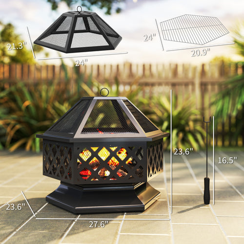 28" Hexagon Wood Burning Fire Pit & BBQ Grill – Spark Screen, Cooking Grate & Poker, Black