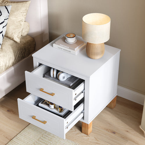 2-Drawer Mid-Century Nightstand with Fluted Design & Solid Wood Legs – White