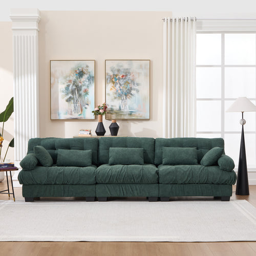 3-Seater Green Modular Cloud Couch – Deep Seat Sectional Sofa with 5 Throw Pillows