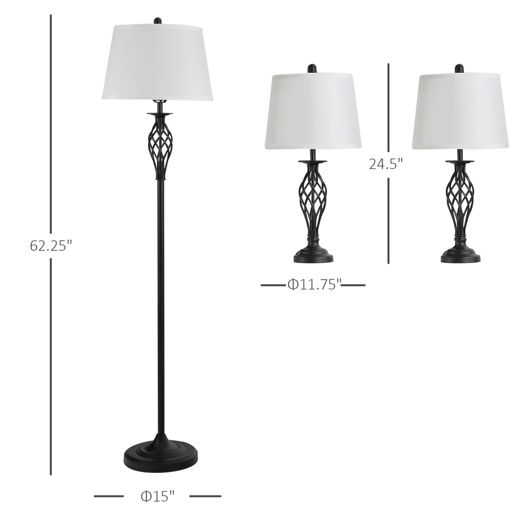 Set of three black metal lamps with white lampshades, including measurements on a white background.