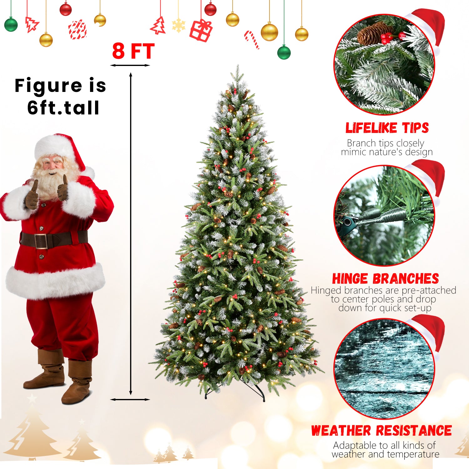 Christmas tree with Santa Claus figure and product features on a white background