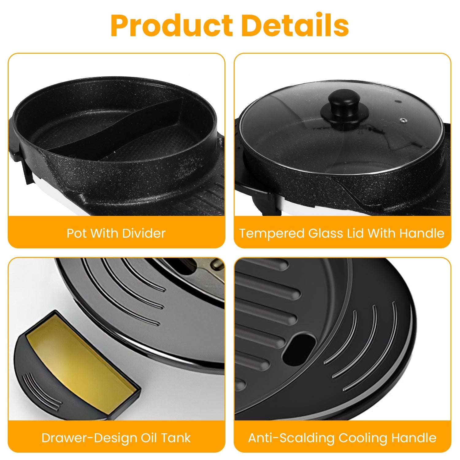 Product details of a black cookware set with pot with divider, tempered glass lid, oil tank, and anti-scalding handle.