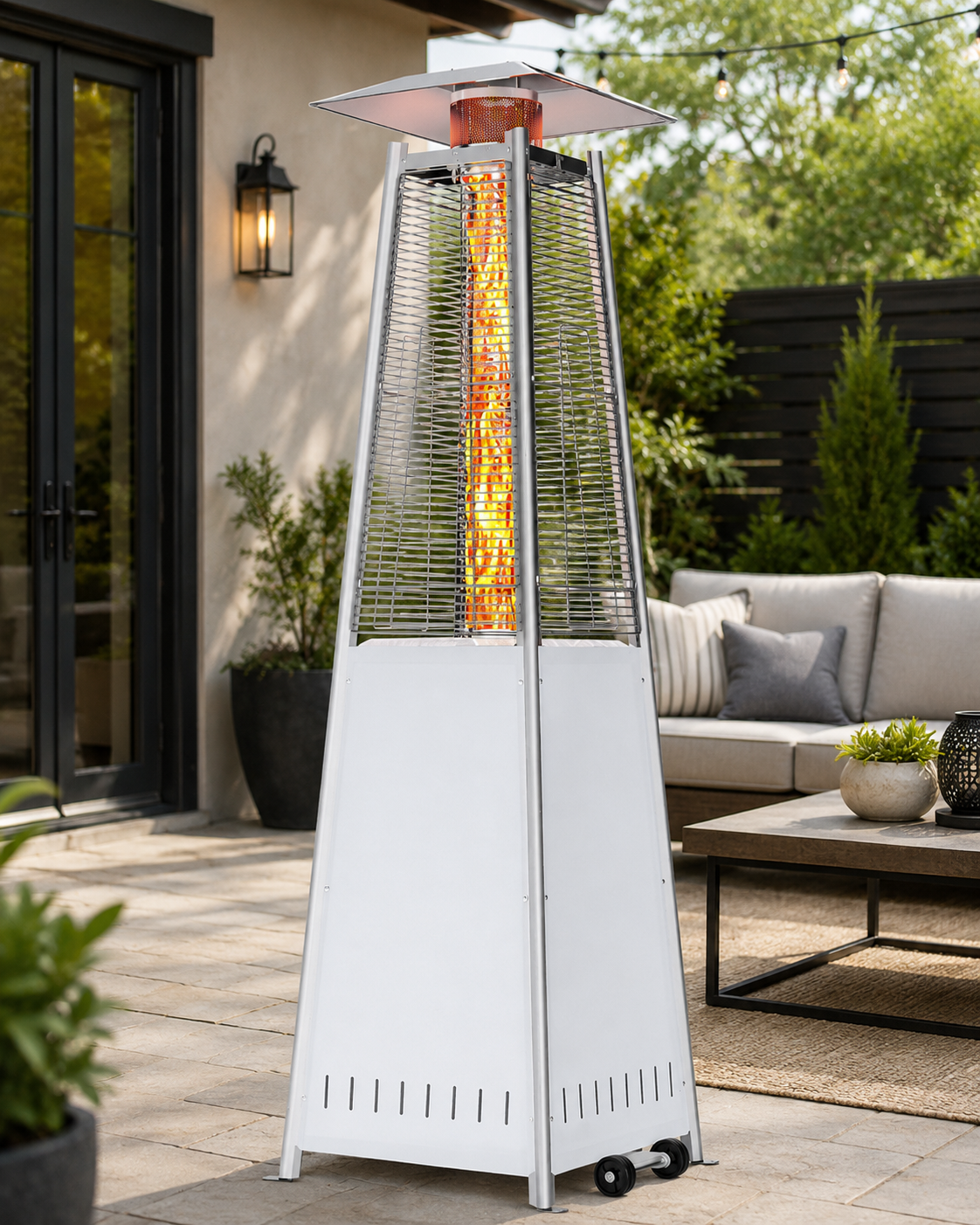 A tall white outdoor patio heater with a glowing orange flame column, set on a stone patio in front of a modern patio sofa.