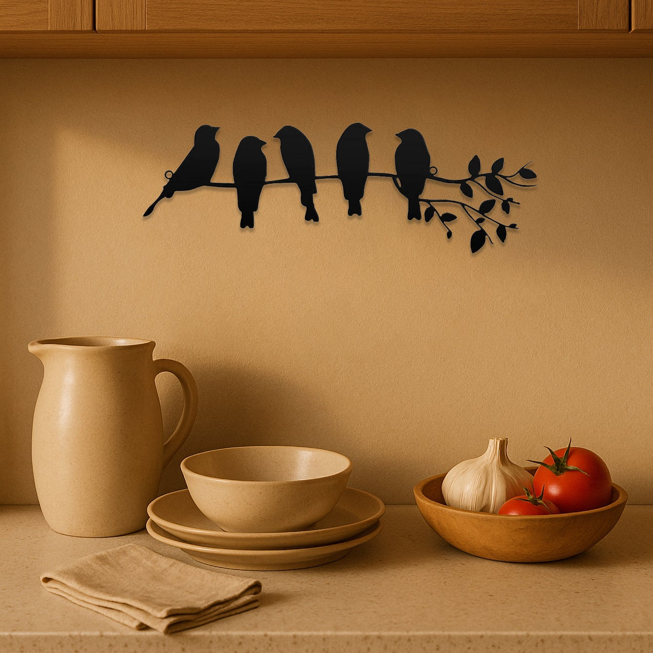 Decorative wall art of birds on a branch above a kitchen counter with a pitcher, bowls, and vegetables.