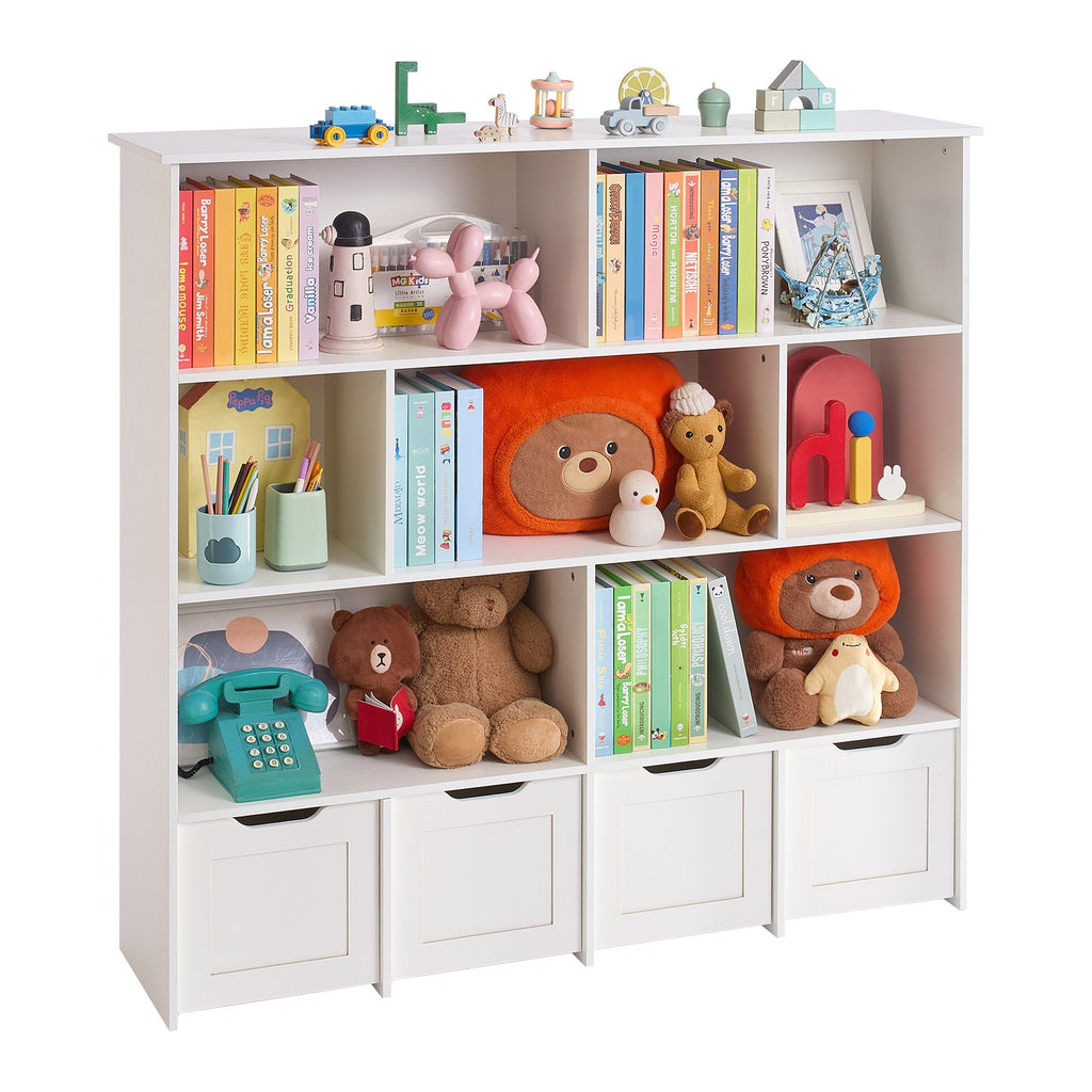 White bookshelf with toys and books on a white background