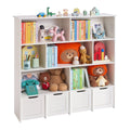 White bookshelf with toys and books on a white background