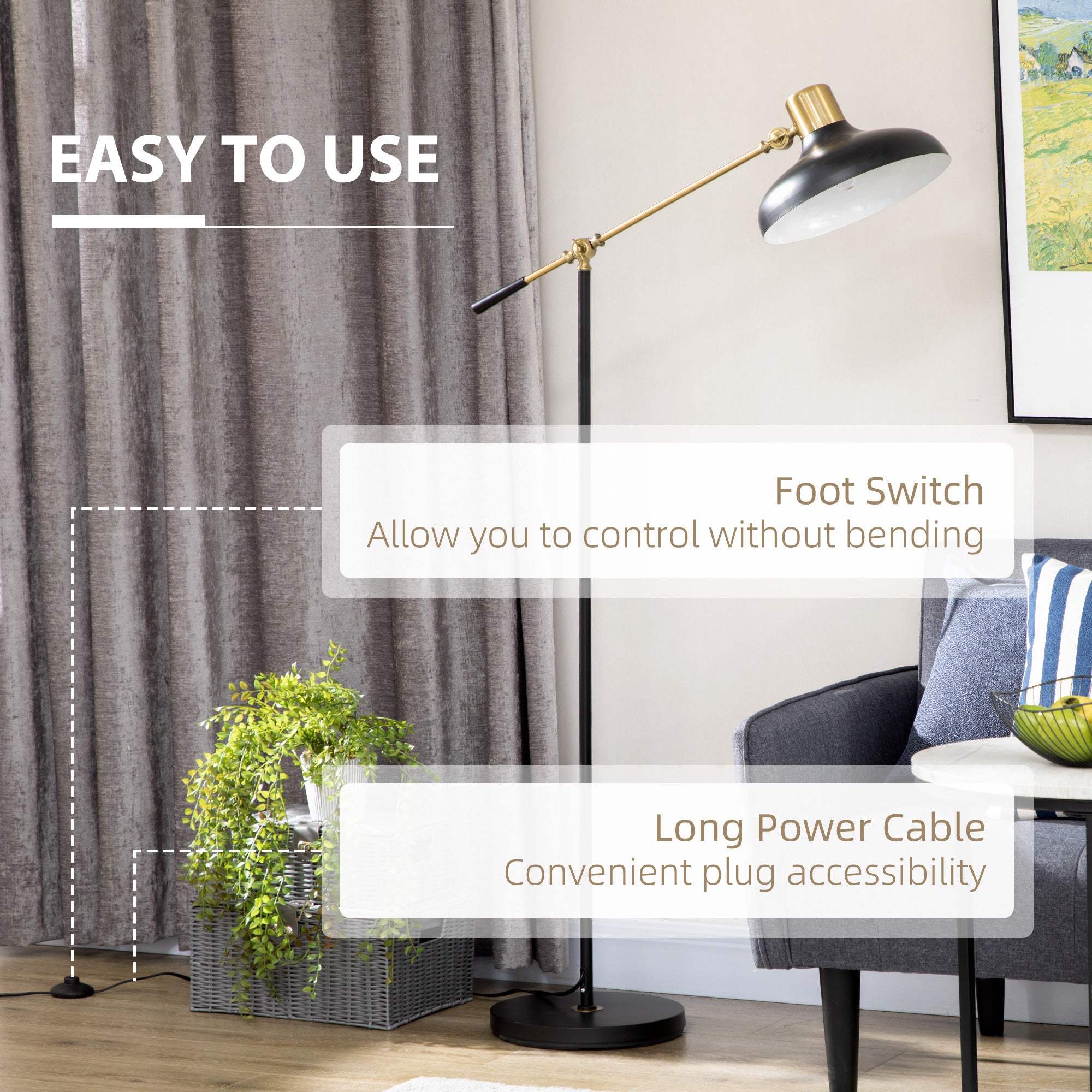 Floor lamp with text highlighting features in a living room setting