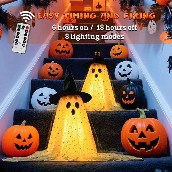 Halloween-themed decorative lights with pumpkins and ghosts on a staircase.