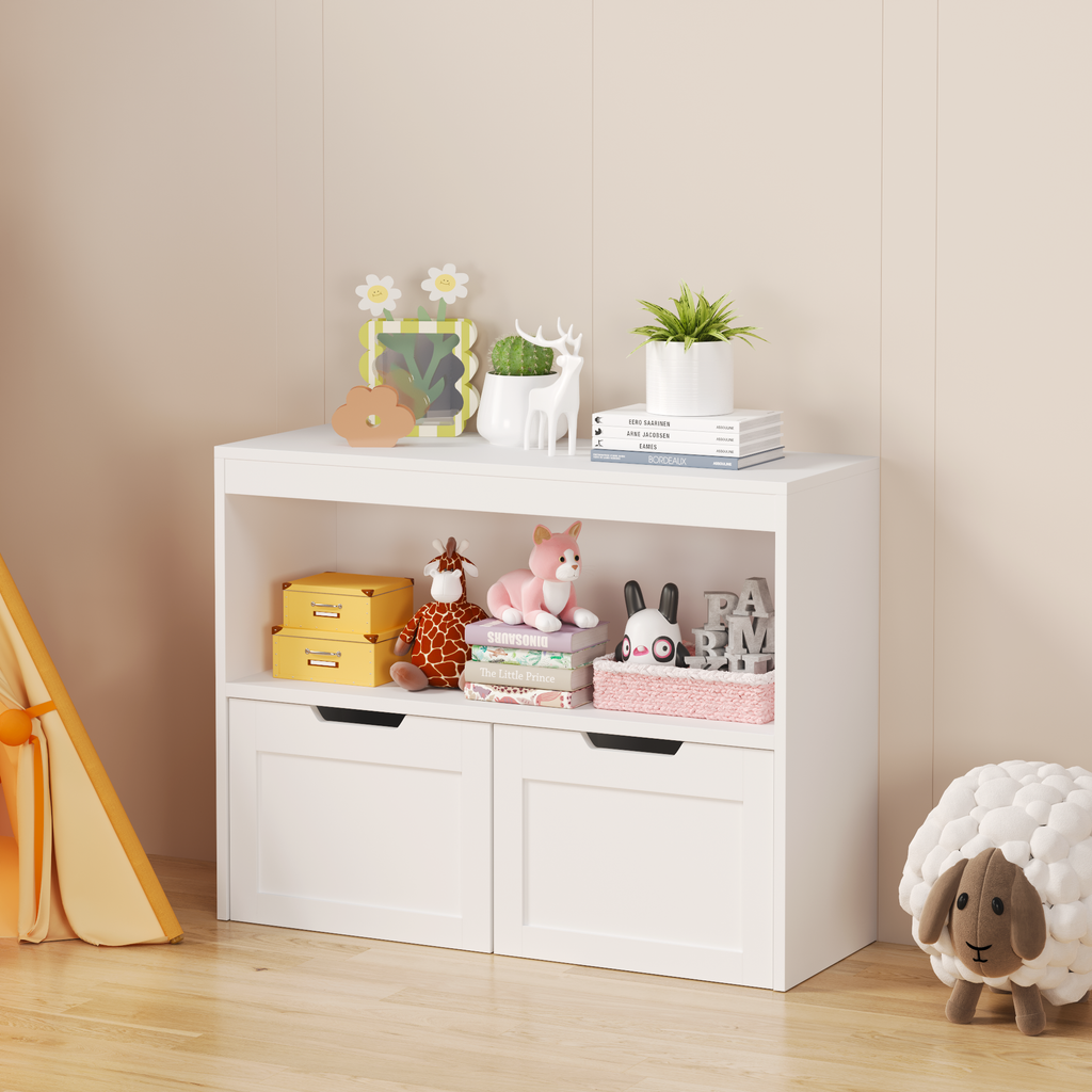 White storage cabinet with toys and decorative items in a room.