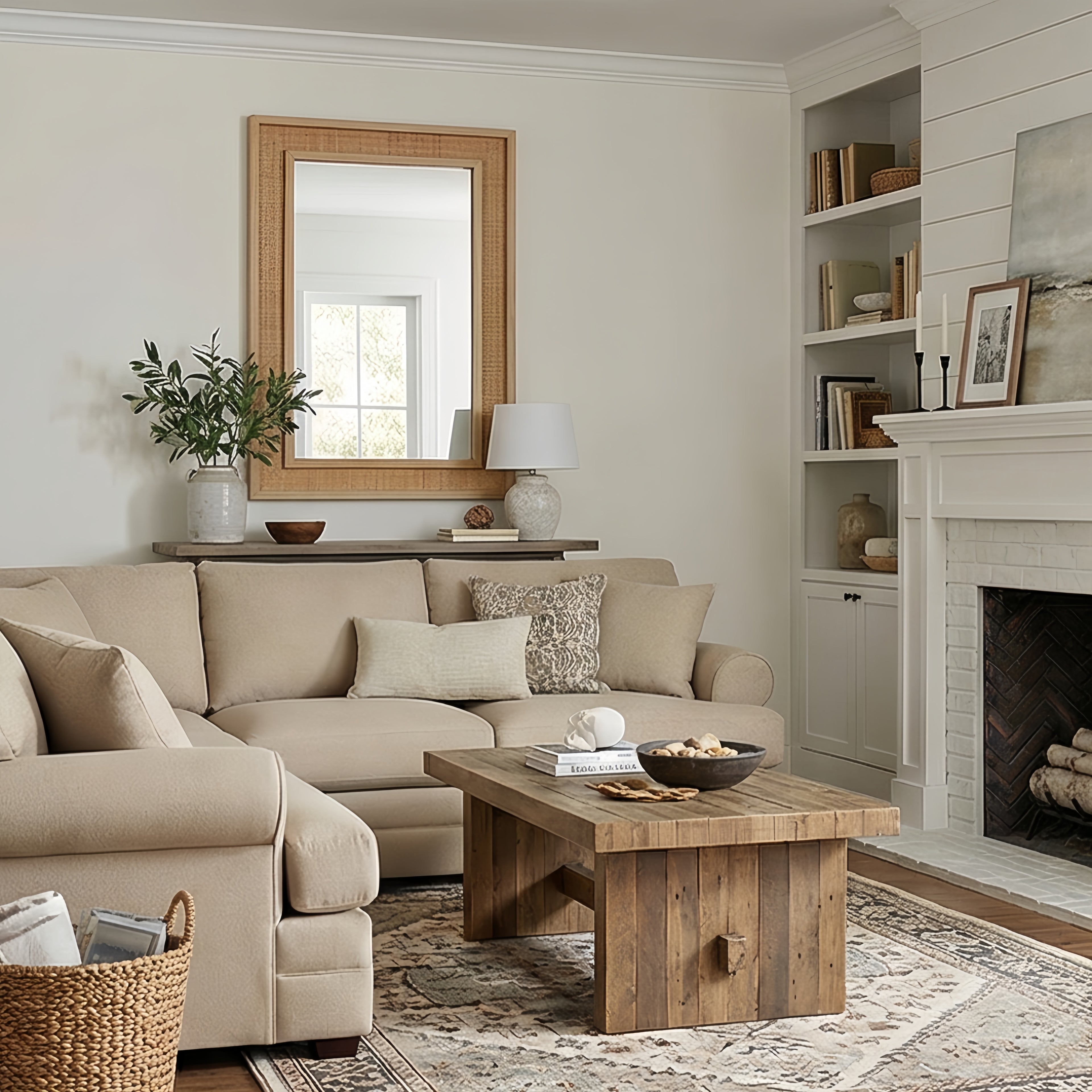 Cozy living room with beige sectional sofa, wooden coffee table, and fireplace.