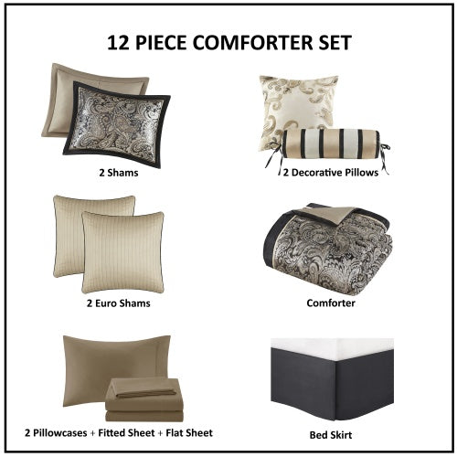 12-Piece Paisley Jacquard Comforter Set with Cotton Bed Sheets – Black, Queen